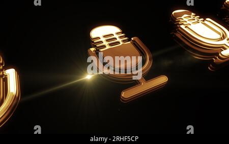 Mikrofon-Podcast online und auf Sendung Live-Übertragung Golden Metal Shine Symbol Konzept. Spektakuläres, leuchtendes und reflektierendes Licht, Icon, abstrakt o Stockfoto