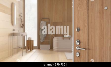 Hölzerne Eingangstür zum modernen skandinavischen Badezimmer, freistehende Badewanne, Waschbecken, Handtuchhalter und Dekore, Konzept der Innenarchitektur Stockfoto