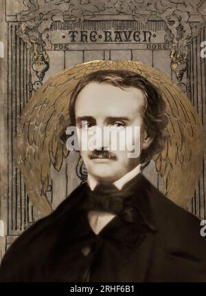 Porträt von Edgar Allan Poe, The Raven, Cover Art von Gustave Doré, 1884, digital bearbeitet Stockfoto