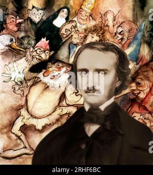 Porträt von Edgar Allan Poe, der Maske des Roten Todes, Illustration aus Poes Geschichten von Mystery & Imagination von Arthur Rackham, digital bearbeitet Stockfoto