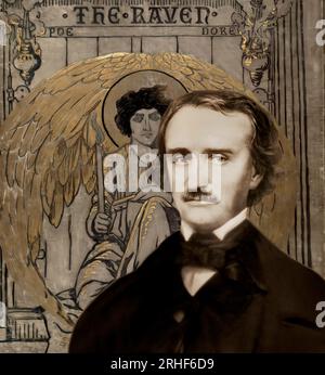 Porträt von Edgar Allan Poe, The Raven, Cover Art von Gustave Doré, 1884, digital bearbeitet Stockfoto