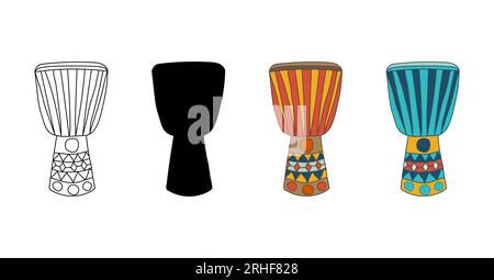 Afrikanische Djembe-Trommeln. Farbe, Kontur, Silhouette. Traditionelles ethnisches Schlagmusikinstrument. Isolierter Vektor. Für Logo, Webdesign, m Stock Vektor