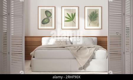 Weiße Falttür zum minimalistisch-modernen Landhausschlafzimmer mit Doppelbett, Holzwandpaneel, weißer Innenausstattung, Designer-Konzept des Architekten Stockfoto