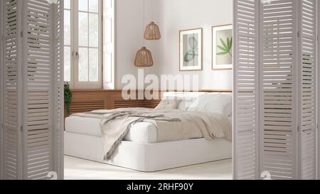 Weiße Falttür zum minimalistisch-modernen Landhausschlafzimmer mit Doppelbett, Holzwandpaneel, weißer Innenausstattung, Designer-Konzept des Architekten Stockfoto