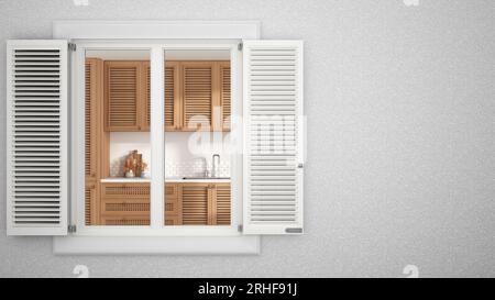 Außenputz-Wand mit weißem Fenster mit Fensterläden, zeigt Holzküche, leerer Hintergrund mit Kopierraum, Architektur-Design-Konzept i Stockfoto