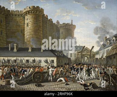 STURM DER BASTILLE in Paris am 14. Juli 1789 und Festnahme des Gouverneurs Bernard-René de Launay. Künstler unbekannt. Stockfoto