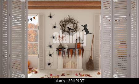 Weiße Falttür öffnet sich auf Halloween Wohnzimmer mit Kamin und herbstliche Landschaft, moderne Innenarchitektur, Architekt Designer-Konzept Stockfoto