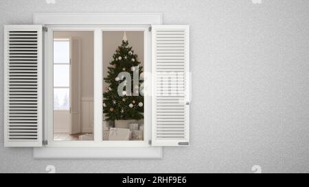 Außenputz-Wand mit weißem Fenster mit Fensterläden, zeigt Weihnachtswohnzimmer mit Baum, leerer Hintergrund mit Kopierraum, Architekturdesign Stockfoto