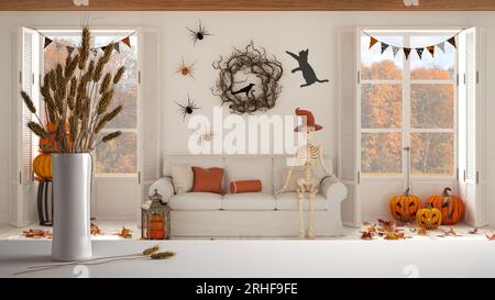 Weiße Tischplatte oder Regal mit Trinkhalmen, trockenen Pflanzen, Ornamenten, Ohren, Garbe, Zweig in Vase, über Halloween Wohnzimmer mit Kamin und herbstlich Stockfoto