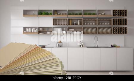 Farbpalette Nahaufnahme Beispiel. Farbauswahl-Katalog über Interior Design-Szene, skandinavische weiße Küche Nahaufnahme mit Holzregalen und Applaus Stockfoto