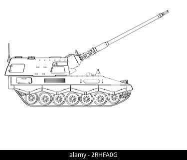 Militärgepanzertes Fahrzeug-Doodle. Selbstfahrende Haubitze. Angehobener Zylinder. Abbildung isoliert auf weißem Hintergrund. Stockfoto