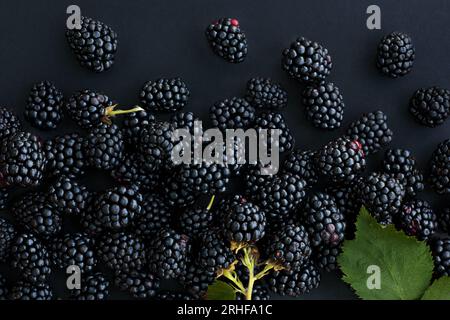 Nahaufnahme frischer reifer Brombeeren auf schwarzem Hintergrund, Draufsicht Stockfoto