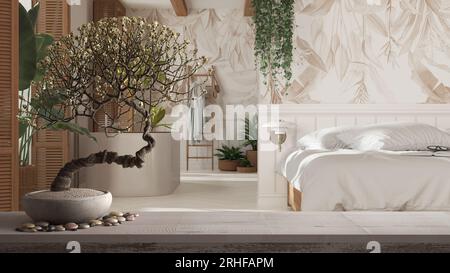 Schlafzimmer und Badezimmer aus bhmischem Holz im Boho-Stil in Wei- und  Beigetnen. Bett, Badewanne und Juteppich, Topfpflanzen. Fenster mit  Fensterlden. Zhler Stockfotografie - Alamy