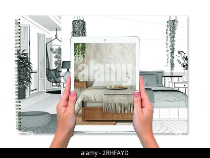 Hände halten Tablet zeigt Schlafzimmer im Boho-Stil, total leeren Projekthintergrund, Augmented Reality-Konzept, Anwendung, um Möbel und ich zu simulieren Stockfoto