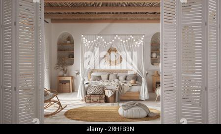 Weiße Falttür öffnet sich auf böhmische Schlafzimmer mit Himmelbett und Holzmöbeln, Boho Innenarchitektur, Architekt Designer-Konzept Stockfoto