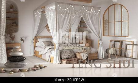 Weißes Tischregal mit Kieselbalance über dem böhmischen Schlafzimmer im Boho-Stil. Himmelbett und Rattanmöbel aus Holz, Zen-Konzept-Innendesign Stockfoto