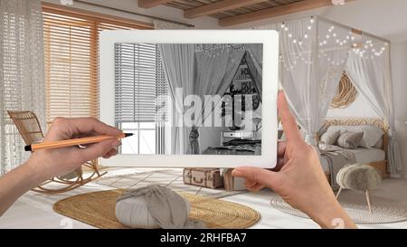 Hände halten und Zeichnung auf dem Tablet zeigt böhmische Schlafzimmer, Himmelbett in Boho-Stil Details CAD-Skizze. Echt fertig Innenraum im Hintergrund, ein Stockfoto