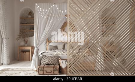 Schlafzimmer mit Holzpaneele in Nahaufnahme, unkonventionelle Holzzimmer im Boho-Stil. Himmelbett mit Kissen. Mediterrane Bauernhaus Innenarchitektur Konzept Idee Stockfoto
