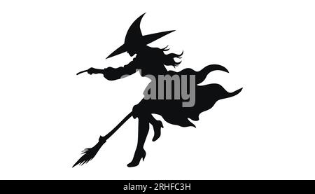 Silhouetten-Hexen fliegen auf einem Besen Maggie, mit weißem Hintergrund. Vektordarstellung Stock Vektor