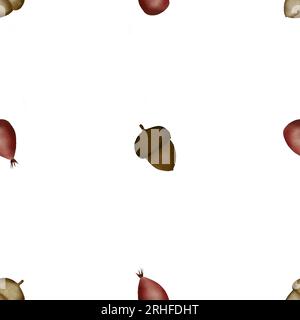 Nahtloses Herbstmuster mit rosafarbenen Hüften und Eicheln. Minimalistisches Muster zum Bedrucken von Stoffen, Windeln, Kleidung, Geschenkpapier. Stockfoto