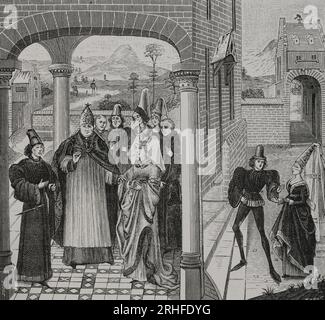 Vertrag von Arras. Geschlossen im Oktober 1191 durch die Interposition von William de Champagne (Guillaume de Champagne), Erzbischof von Reim; zwischen Baldwin V, Graf von Hennegau, und Matilda von Portugal (1151-1218), Witwe von Philip von Elsass, Graf von Flandern. Sie einigten sich auf die Erbschaft der Grafschaft Flandern. Gravur von Huyot nach einer Miniatur in "Chroniques de Hainaut", 1446-1448. "Vie Militaire et Religieuse au Moyen Age et à l'Epoque de la Renaissance". Paris, 1877. Stockfoto