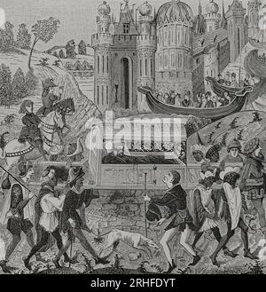 Robert I. aus der Normandie (ca. 1000-1035). Herzog der Normandie (1027-1035). Ende 1034 entschied ich mich für eine Pilgerreise nach Jerusalem. Er wurde während der Reise krank und wurde in einem Wurf von schwarzen Männern getragen. Gravur aus einer Miniatur in 'Chroniques de Normandie', 15. Jahrhundert. "Vie Militaire et Religieuse au Moyen Age et à l'Epoque de la Renaissance". Paris, 1877. Stockfoto