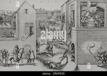 Attentatsversuch auf Gaspar de Coligny (1519-1572) durch einen Anschlag am 22. August 1572. Es war der Auslöser für das Massaker von St. Bartholomäus-Tag in Paris in der Nacht vom 23. Bis 24. August 1572. Eine Gravur aus dem 19. Jahrhundert nach einem deutschen Original, die eines der zusätzlichen Blätter der Sammlung darstellt, die von Jean Tortorel und Jacques Perrissin graviert wurden. Unten links ist der Angriff gegen Coligny durch Arquebus-Feuer dargestellt, ausgeführt von Maurevert von einem Fenster aus, und sein Tod während der Schlachtung. Coligny wurde in seinem Haus von Besme getötet, einem der deutschen Offiziere von Herzog Henri de Guise. H Stockfoto