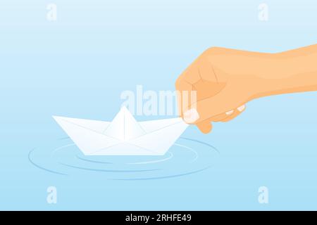 Hand hält Origami-Papierboot im Wasser - Vektordarstellung Stock Vektor