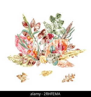 Herbstliche trockene Blätter und reife Preiselbeeren. Bunte Blätter und rote Beeren. Komposition isoliert auf weißem Hintergrund. Aquarellzeichnung Stockfoto