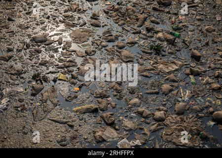 Ein Kanal in Dhaka, der mit verschiedenen Arten von Kunststoffabfällen bedeckt ist. Dhaka, Bangladesch Stockfoto