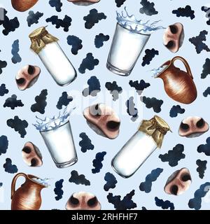 Nahtloses Muster mit Nasen und Flecken von Milchkühen. Auf blauem Hintergrund. Aquarellzeichnung von Hand. Milchstruktur für Designdrucke. Für das Labor Stockfoto