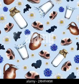 Nahtloses Muster mit Milchprodukten, Kuhnasen und Flecken von Milchkühen und Wildblumen. Auf blauem Hintergrund. Aquarellzeichnung von Hand. Mil Stockfoto