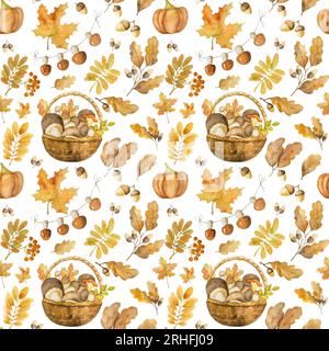 Herbstliche Eichen- und Ahornblätter mit Eicheln und Pilzen ernten in Korbaquarell nahtlos. Herbstillustration mit Kürbissen und Laub Stockfoto