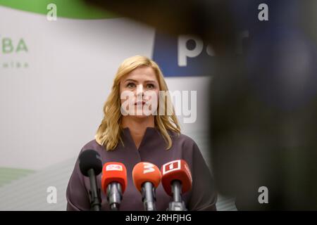 RIGA, Lettland. 16. Aug. 2023. Evika Silina (auf Foto), Sozialministerin, hat angekündigt, neuer Kandidat des Premierministers der politischen Partei Neue Einheit zu sein. Kredit: Gints Ivuskans/Alamy Live News Stockfoto