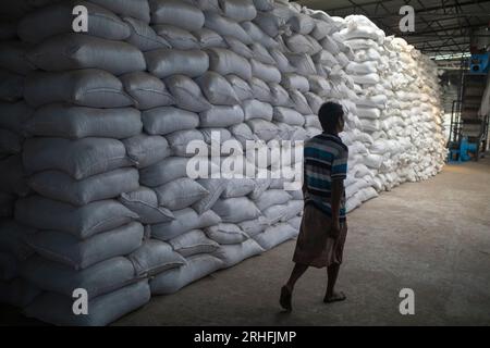 Säcke mit Plastikflocken, hergestellt aus gebrauchten Plastikflaschen in einer Recyclinganlage in Dhaka, Bangladesch. Stockfoto