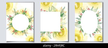 Set mit Blumenmustern mit roten Beeren, Farnen, grünen Zweigen, gelben Wildblumen und Aquarellspritzern. Um das Datum zu speichern, Grußkarten Stockfoto