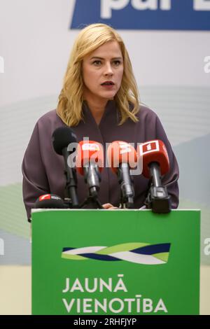 RIGA, Lettland. 16. Aug. 2023. Evika Silina (auf Foto), Sozialministerin, hat angekündigt, neuer Kandidat des Premierministers der politischen Partei Neue Einheit zu sein. Kredit: Gints Ivuskans/Alamy Live News Stockfoto
