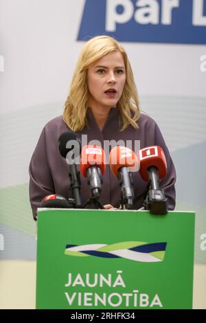 RIGA, Lettland. 16. Aug. 2023. Evika Silina (auf Foto), Sozialministerin, hat angekündigt, neuer Kandidat des Premierministers der politischen Partei Neue Einheit zu sein. Kredit: Gints Ivuskans/Alamy Live News Stockfoto