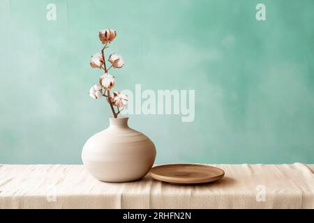 Beige Keramikvasen mit trockenen Baumwollzweigen. Eleganter und minimalistischer Hintergrund für die Präsentation Ihrer Produkte im Wohnzimmer. Skandinavisches Interieur. Mod Stockfoto