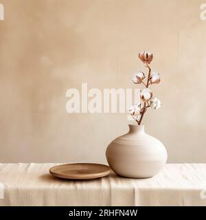 Beige Keramikvasen mit trockenen Baumwollzweigen. Eleganter und minimalistischer Hintergrund für die Präsentation Ihrer Produkte im Wohnzimmer. Skandinavisches Interieur. Mod Stockfoto