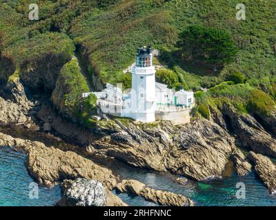 St. Anthony's Head Lighthouse, Truro Cornwall aus der Vogelperspektive. Stockfoto