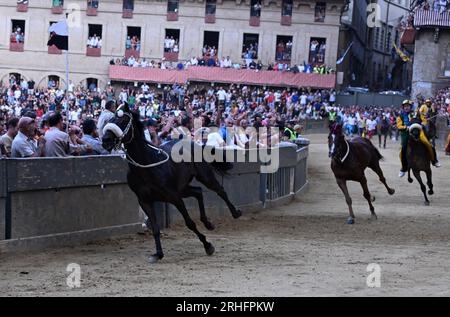 Siena. 16. Aug. 2023. Die Leute sehen den Palio in Siena, Italien, am 16. August 2023. Palio in Siena, oder „Palio di Siena“ auf Italienisch, ist ein historisches Pferderennen, das seit 1656 zweimal jährlich in Siena stattfindet. Kredit: Alberto Lingria/Xinhua/Alamy Live News Stockfoto