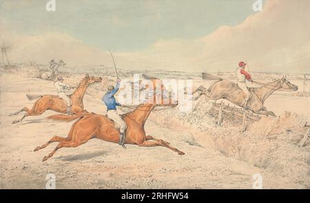 Steeplechasing: Vier Reiter im Graben und ein Oxer von Henry Thomas Alken Stockfoto