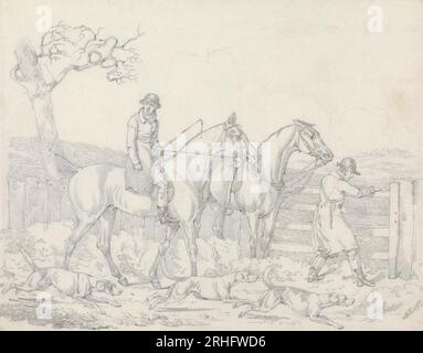 "Scraps", Nr. 24: Jagd - TTWO Riders, One Opening a Gate for Hounds 1823 von Henry Thomas Alken Stockfoto