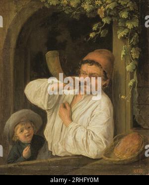 Ein Bäcker bläst sein Horn zwischen 1650 und 1655 von Adriaen van Ostade Stockfoto