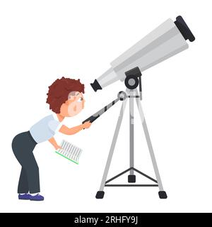 Schulkind mit Teleskop. Astronomieunterricht, Schülervektordarstellung Stock Vektor