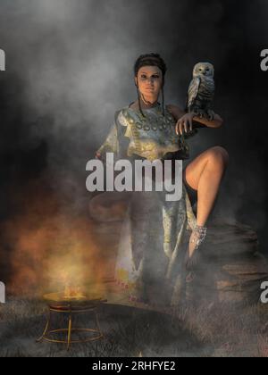 Athena, die griechische Göttin der Weisheit und des Krieges, sitzt auf einem Felsen, mit ihrer Eule auf ihrem Arm. Sie starrt dich von der anderen Seite eines brazieren Feuers an. 3D-Rendern Stockfoto