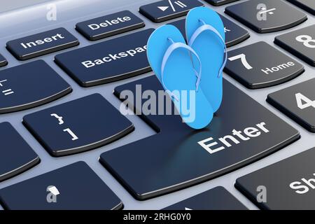 Blaue Flip-Flops auf der Laptop-Tastatur. 3D-Rendering Stockfoto