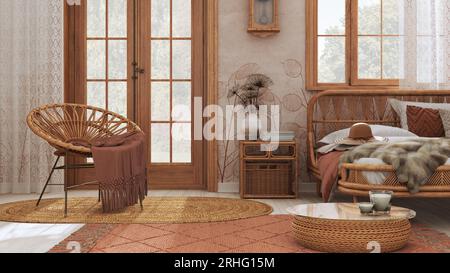 Boho Chic Bauernhaus Schlafzimmer mit Rattan-Bett und Holzmöbeln. Juteppich und Dekor in Weiß- und Orange-Tönen. Vintage Tapete, unkonventionelle Interi Stockfoto