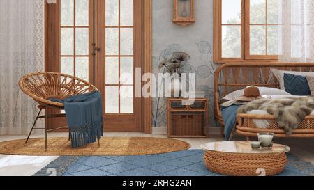 Boho Chic Bauernhaus Schlafzimmer mit Rattan-Bett und Holzmöbeln. Juteppich und Dekor in Weiß- und Blautönen. Vintage-Tapete, unkonventionelle Innenausstattung Stockfoto